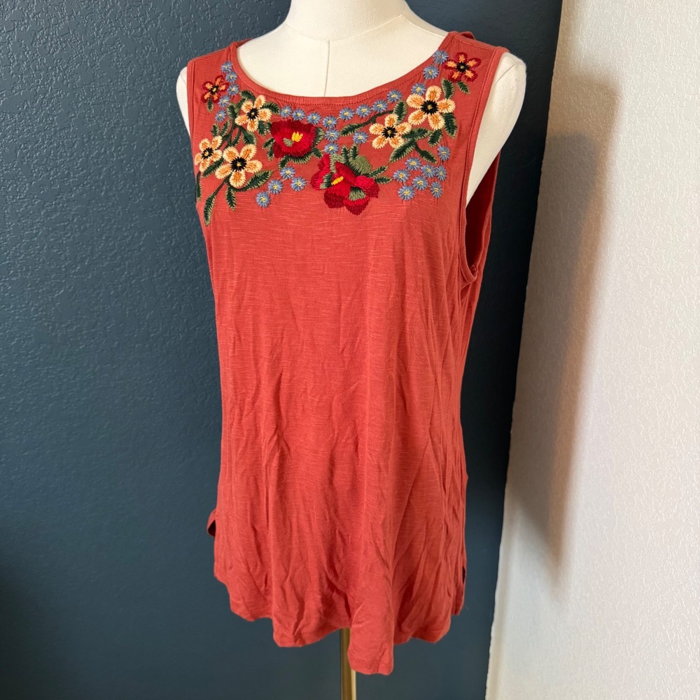 Boho Floral Embroidered Tank Adiva Sleeveless Top Size Medium Terracotta Orange